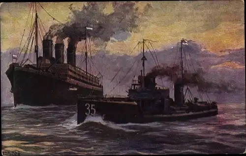 Künstler Ak Schulze, Hans Rudolf, Dt. Kriegsschiff, Torpedoboot kapert russischen Hilfskreuzer, 1.WK