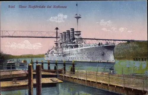 Ak Holtenau Kiel in Schleswig Holstein, neue Hochbrücke bei Holtenau, Kriegsschiff