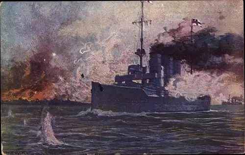 Künstler Ak Schulze, Libau Lettland, Deutsches Kriegsschiff, SMS Augsburg, Kleiner Kreuzer, I WK