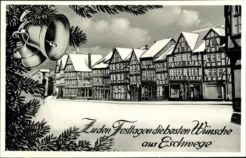 Ak Eschwege im Werra Meißner Kreis, Glückwunsch Weihnachten, Glocken, Tannenzweige, Häuser