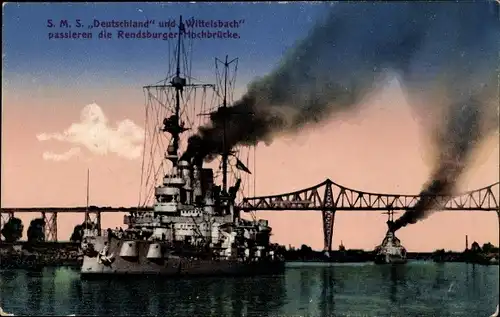 Ak Deutsches Kriegsschiff, SMS Wittelsbach, SMS Deutschland, Linienschiff, Rendsburger Hochbrücke