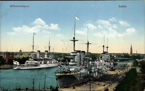 Ak Wilhelmshaven in Niedersachsen, Deutsche Kriegsschiffe im Hafen