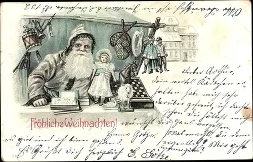 Litho Frohe Weihnachten, Weihnachtsmann, Puppe, Holzpferd, Spielzeuge