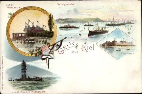 Litho Kiel in Schleswig Holstein, See Badeanstalt, Kriegshafen, Leuchtturm beim Friedrichsort
