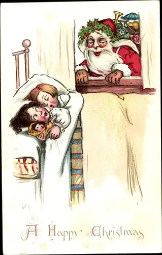 Ak Glückwunsch Weihnachten, Weihnachtsmann schaut zum Fenster herein, Kinder im Bett