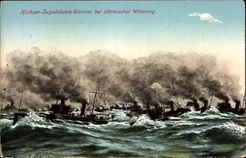 Ak Deutsche Kriegsschiffe, Hochsee Torpedoboots Division bei stürmischer Witterung