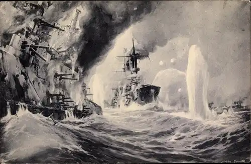 Künstler Ak Stöwer, Willy, Vernichtung russischer Kriegschiffe