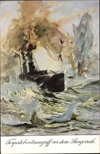 Künstler Ak Romin, Torpedobootsangriff vor dem Skagerrak, Seeschlacht, Kaiserliche Marine, I. WK