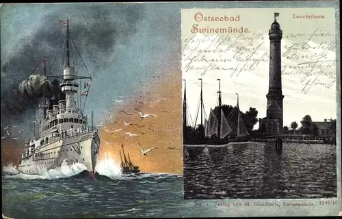 Ak Świnoujście Swinemünde Pommern, Leuchtturm, Deutsches Kriegsschiff, Kaiserliche Marine