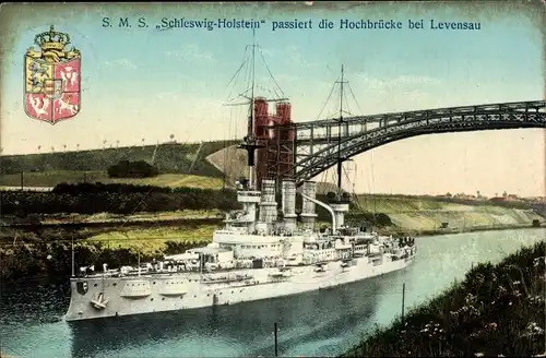 Ak SMS Schleswig Holstein passiert die Hochbrücke bei Levensau, Wappen