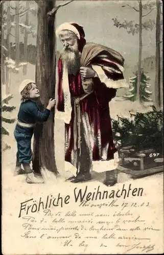 Ak Glückwunsch Weihnachten, Kind, Weihnachtsmann, Schlitten