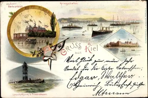 Litho Kiel in Schleswig Holstein, See Badeanstalt, Kriegshafen, Leuchtturm beim Friedrichsort