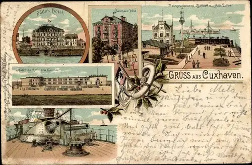 Litho Cuxhaven, Dölles Hotel, Matrosen Artillerie Kaserne, Telegraphenamt, Kriegsschiff, Badehaus
