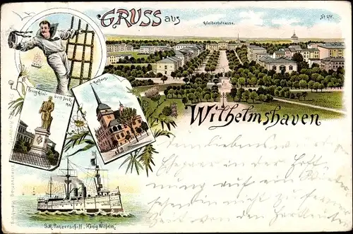 Litho Wilhelmshaven, Adalbertstraße, Rathaus, SM Panzerschiff König Wilhelm, Denkmal, Matrose