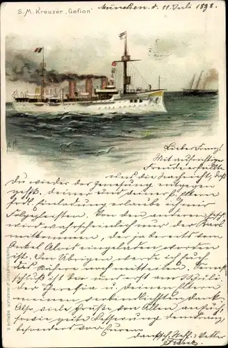 Künstler Litho Deutsches Kriegsschiff, SMS Gefion, Kreuzer