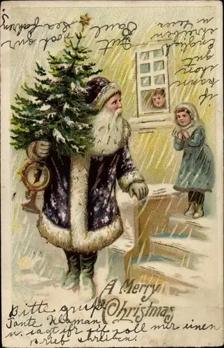 Präge Litho Glückwunsch Weihnachten, Weihnachtsmann, Tannenbaum, Schnee