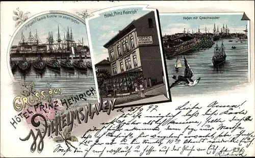 Litho Wilhelmshaven in Niedersachsen, Hotel Prinz Heinrich, Hafen mit Geschwader, Kriegsschiffe