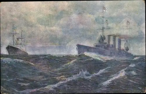 Künstler Ak Matthiessen, Karl, Deutsches Kriegsschiff, Kreuzer hält feindlichen Dampfer an
