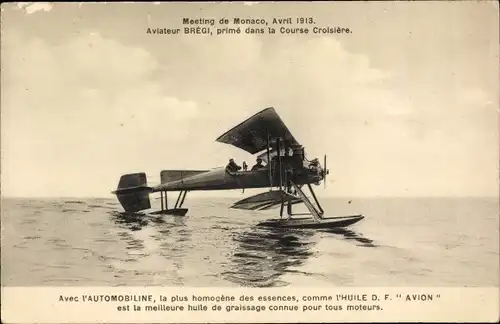 Ak Meeting de Monaco Avril 1913, Aviateur Bregi, prime dans la Course Croisiere, Wasserflugzeug