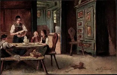 Künstler Ak Heyermans, J. A., Unser täglich Brot gib uns heute, Familie in Trachten