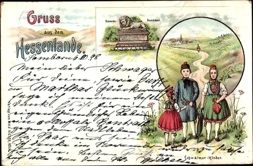 Litho Gruß aus dem Hessenlande, Schwälmer Kinder in Volkstrachten, Hessen Denkmal