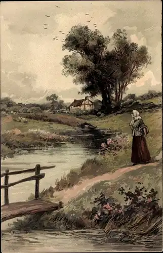 Künstler Ak Landschaft mit Fluss und Frau auf einem Weg