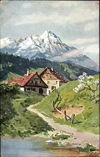 Künstler Ak Splitgerber, Gebirgslandschaft mit Bauernhäusern
