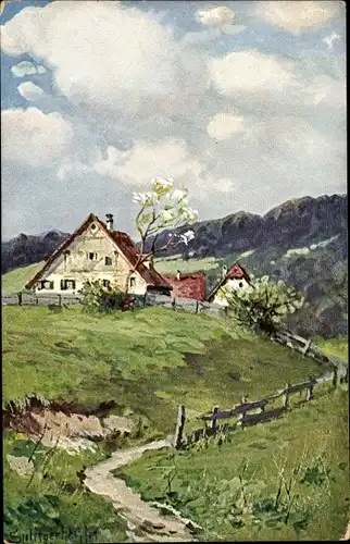 Künstler Ak Splitgerber, Gebirgslandschaft mit Bauernhäusern