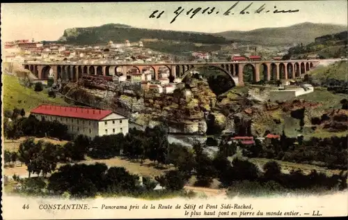 Ak Constantine Algerien, Panorama pris de la Route de Sétif et Pont Sidi Rached, Brücke