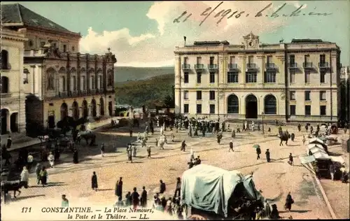 Ak Constantine Algerien, La Place Nemours, Poste, Theatre, Platz, Theater