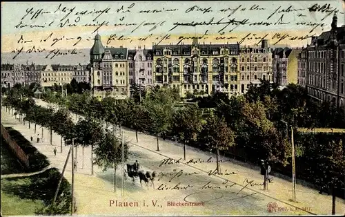 Ak Plauen im Vogtland, Blücherstraße, Kutsche, Passanten, große Wohnhäuser