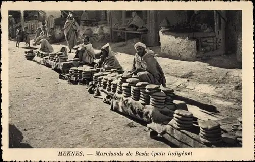 Ak Meknès Marokko, Marchands de Basia (Pain indigéne)