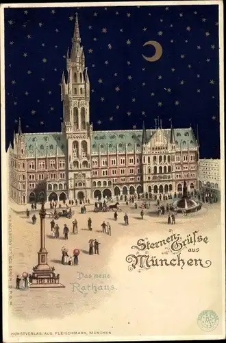 Mondschein Litho München, Sternennacht, Rathaus