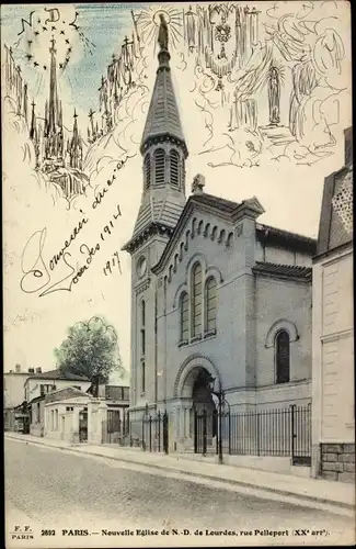Ak Paris XX, Eglise paroissiale de N.-D. de Lourdes, 128 Rue Pelleport, Außenansicht, Kirche