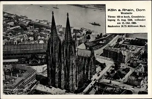 Ak Köln am Rhein, Fliegeraufnahme von Dom (Westseite) und Umgebung