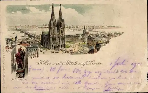 Litho Köln am Rhein, Mit Blick auf Deutz, St. Christoferus, Dom