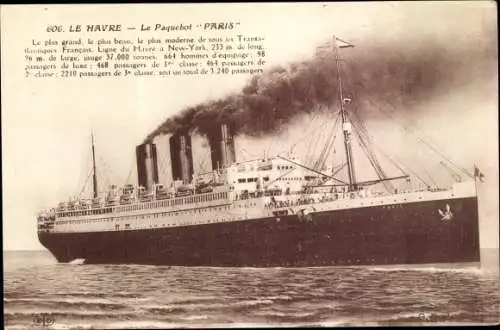 Ak Le Havre Seine Maritime, Le Paquebot Paris, Dampfschiff