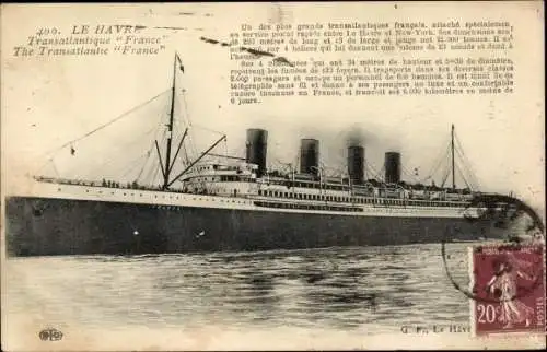 Ak Le Havre Seine Maritime, Transatlantique France, Dampfschiff