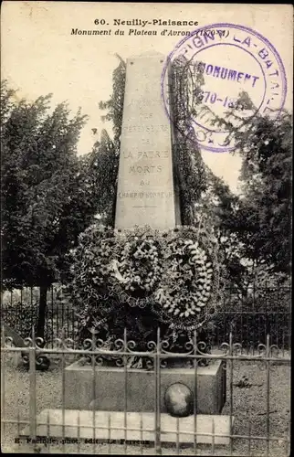 Ak Neuilly Plaisance Seine Saint Denis, Monument du Plateau d'Avron 1870-71