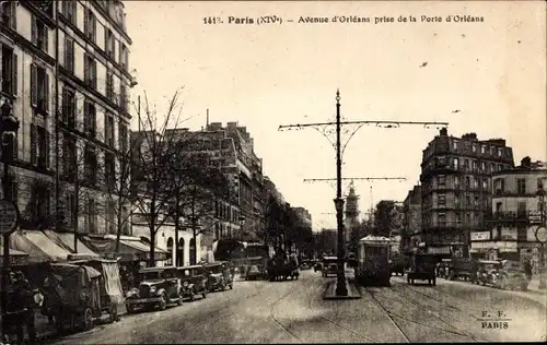 Ak Paris XIV Observatoire, Avenue d´Orleans prise de la Porte d´Orleans, Kutsche, Straßenbahn