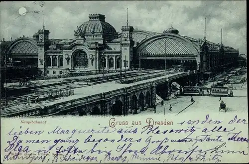 Mondschein Ak Dresden Altstadt Seevorstadt, Hauptbahnhof, Straßenbahn