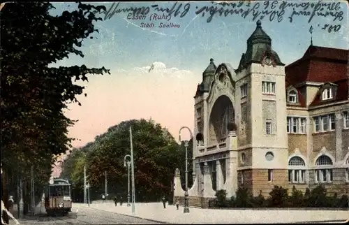 Ak Essen im Ruhrgebiet, Städtischer Saalbau, Straßenbahn