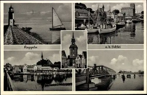 Ak Kappeln in Schleswig Holstein, Leuchtturm, Hafen, Brückenpartie, Teilansicht, Kirche, Segelboot