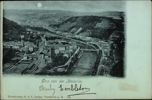 Mondschein Ak Bad Ems an der Lahn, Gesamtansicht von der Bäderlei