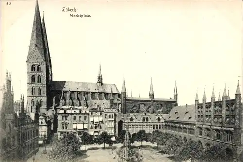 Ak Hansestadt Lübeck, Partie am Marktplatz, Kirche, Denkmal