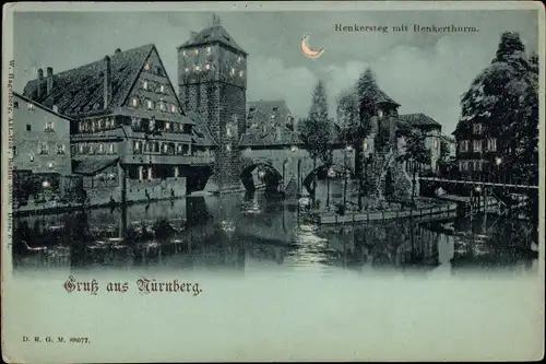 Mondschein Ak Nürnberg in Mittelfranken, Henkersteg mit Henkerturm bei Nacht