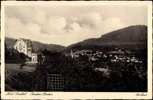 Ak Baden Baden am Schwarzwald, Hotel Gretel und Ort im Hintergrund, Merkur