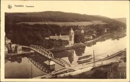 Ak Hastière Wallonien Namur, Panorama, Brücke, Schiff