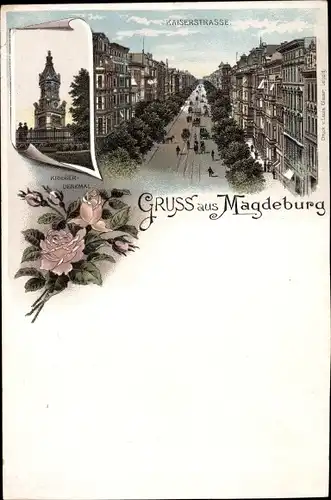 Litho Magdeburg an der Elbe, Kaiserstraße, Kriegerdenkmal, Rosen