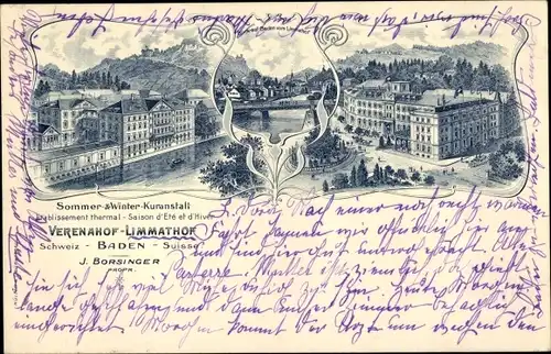 Litho Baden Kanton Aargau Schweiz, Kuranstalt Verenahof, Limmathof